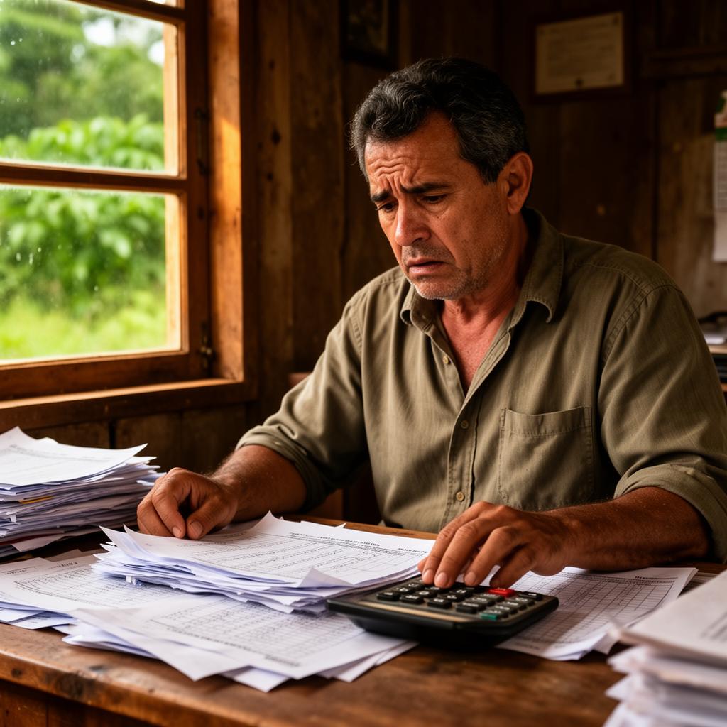 Produtor rural olhando planilhas e contas com expressão preocupada